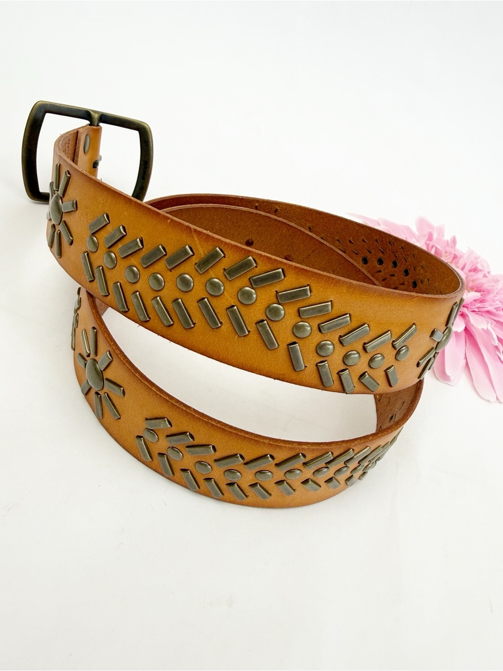 Linea Pelle Studded Leather Belt Tan Cognac Solid Brass Embellishments Boho - Picture 3 of 8
